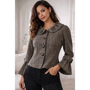 Biacci Tweed Jacket Womens L Bell Sleeve Peter Pan Collar Brown Chic